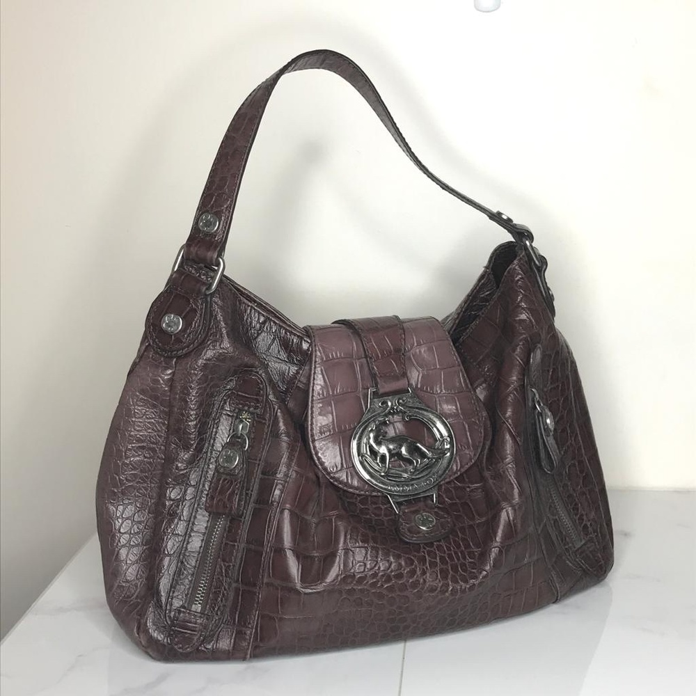 Emma Fox Brown Embossed Leather Flap Hobo Bag Logo